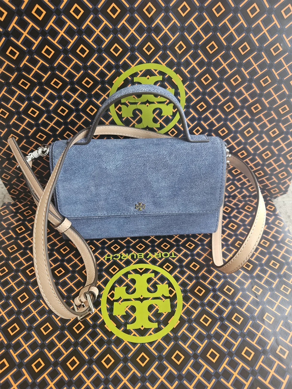 Tory Burch Emerson Denim Suede Mini Top-Handle Crossbody Bag 175798